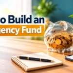 How to build an emergency fund with a glass piggy bank full of gold coins, a savings tracker, and a growing plant.
