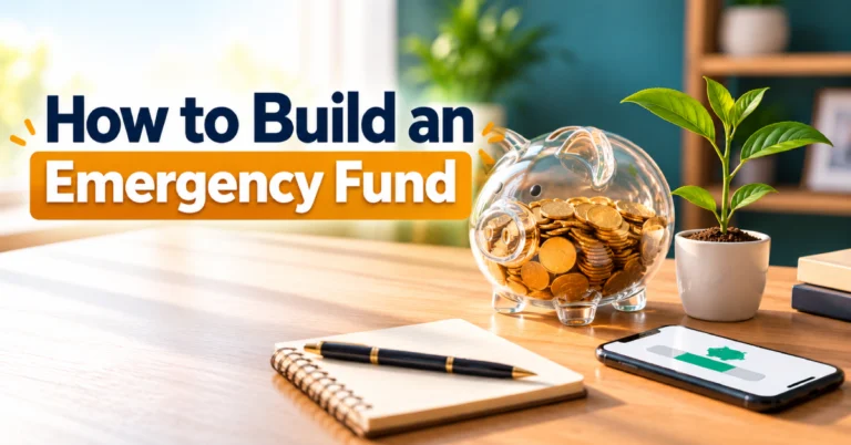 How to build an emergency fund with a glass piggy bank full of gold coins, a savings tracker, and a growing plant.