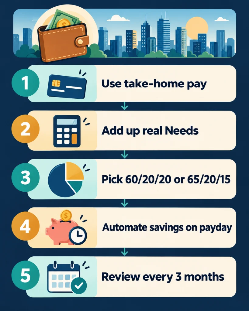 Infographic showing five steps of the 50/30/20 rule breakdown for high cost of living areas
