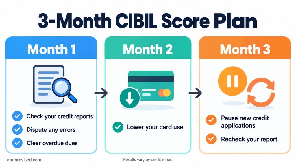 Infographic showing how to improve CIBIL score in 3 months with a month-by-month plan