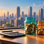 What is the 50/30/20 rule breakdown for high cost of living areas? Three budget jars on a desk with a city skyline behind